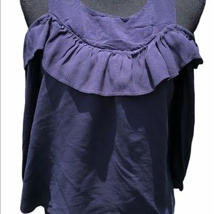Navy cold shoulder blouse with single ruffle